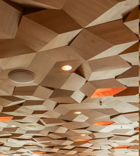 Träpanel i 3D-mönster med spotlights. Perfekt för dig som söker innertak inspiration.